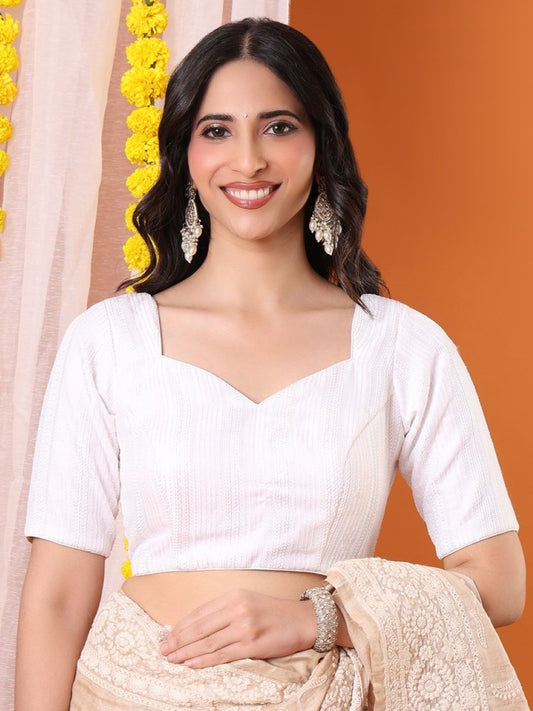 White Georgette Embellished Sweetheart Neck Padded Saree Blouse