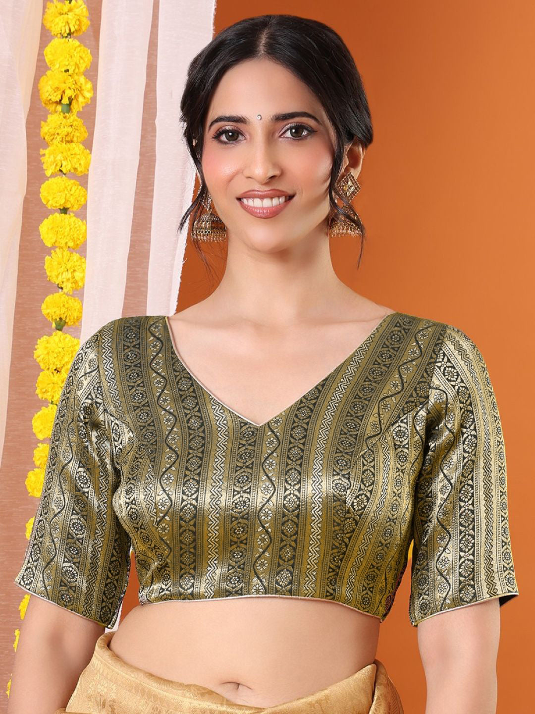 Green Brocade Woven Design Zari Padded Saree Blouse