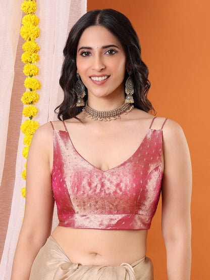 Pink Tissue Woven Design Sleeveless Padded Saree Blouse