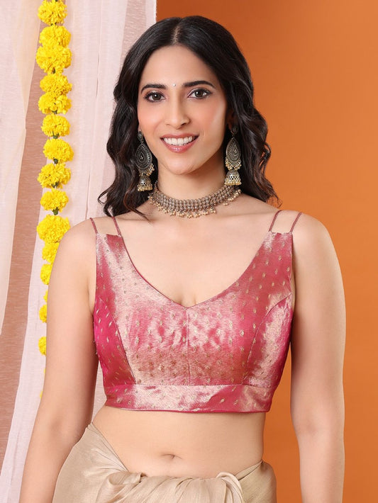 Pink Tissue Woven Design Sleeveless Padded Saree Blouse