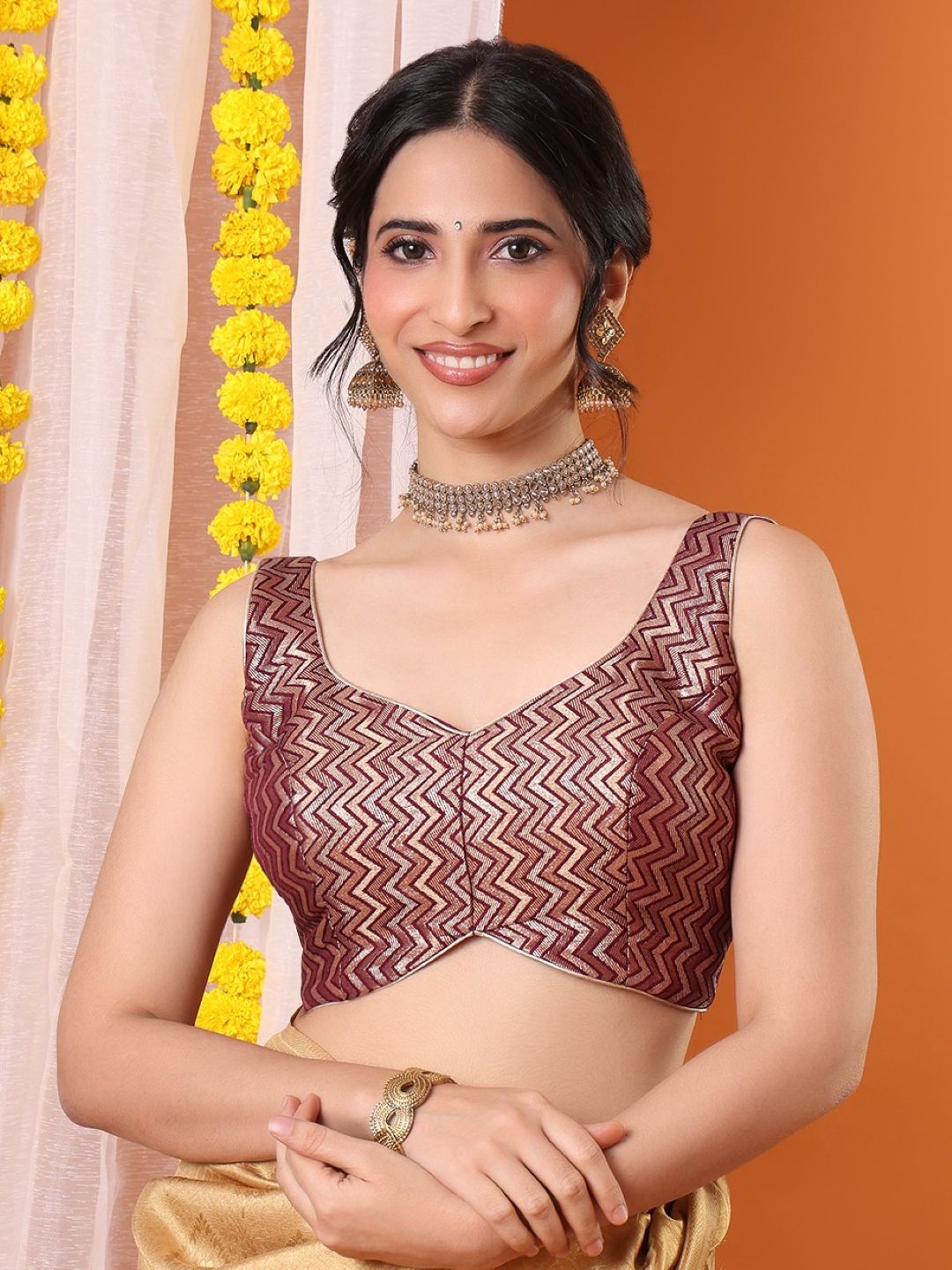Burgundy Brocade Woven Design Sleeveless Padded Saree Blouse