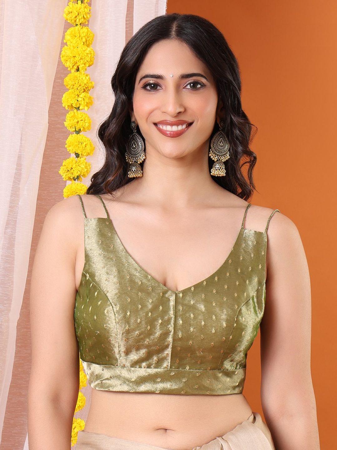 Olive Tissue Woven Design Sleeveless Padded Saree Blouse