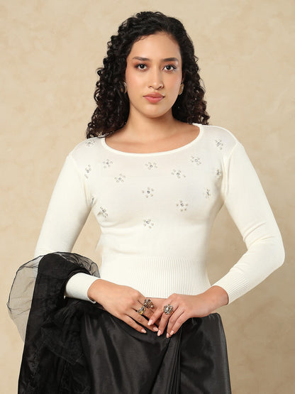 White Woolen Round Neck Readymade Blouse