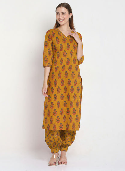 Yellow Cotton Printed Unstitched Dress Material (2 Pc)