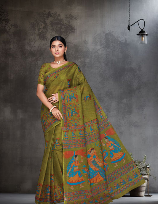 ROSHNI Olive Printed Pure Cotton Saree
