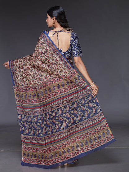 KALAMKARI Beige Printed Pure Cotton Saree