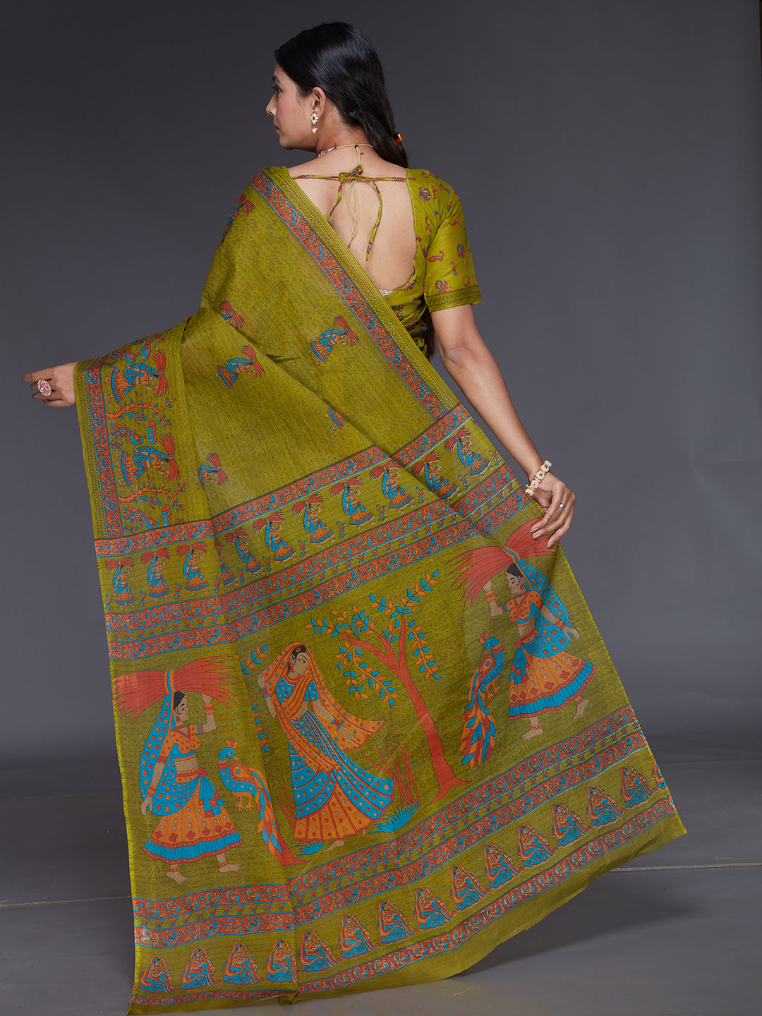 ROSHNI Olive Printed Pure Cotton Saree