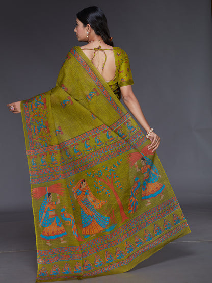 ROSHNI Olive Printed Pure Cotton Saree