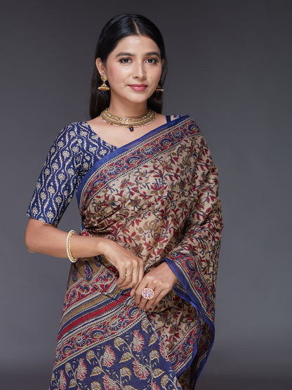 KALAMKARI Beige Printed Pure Cotton Saree