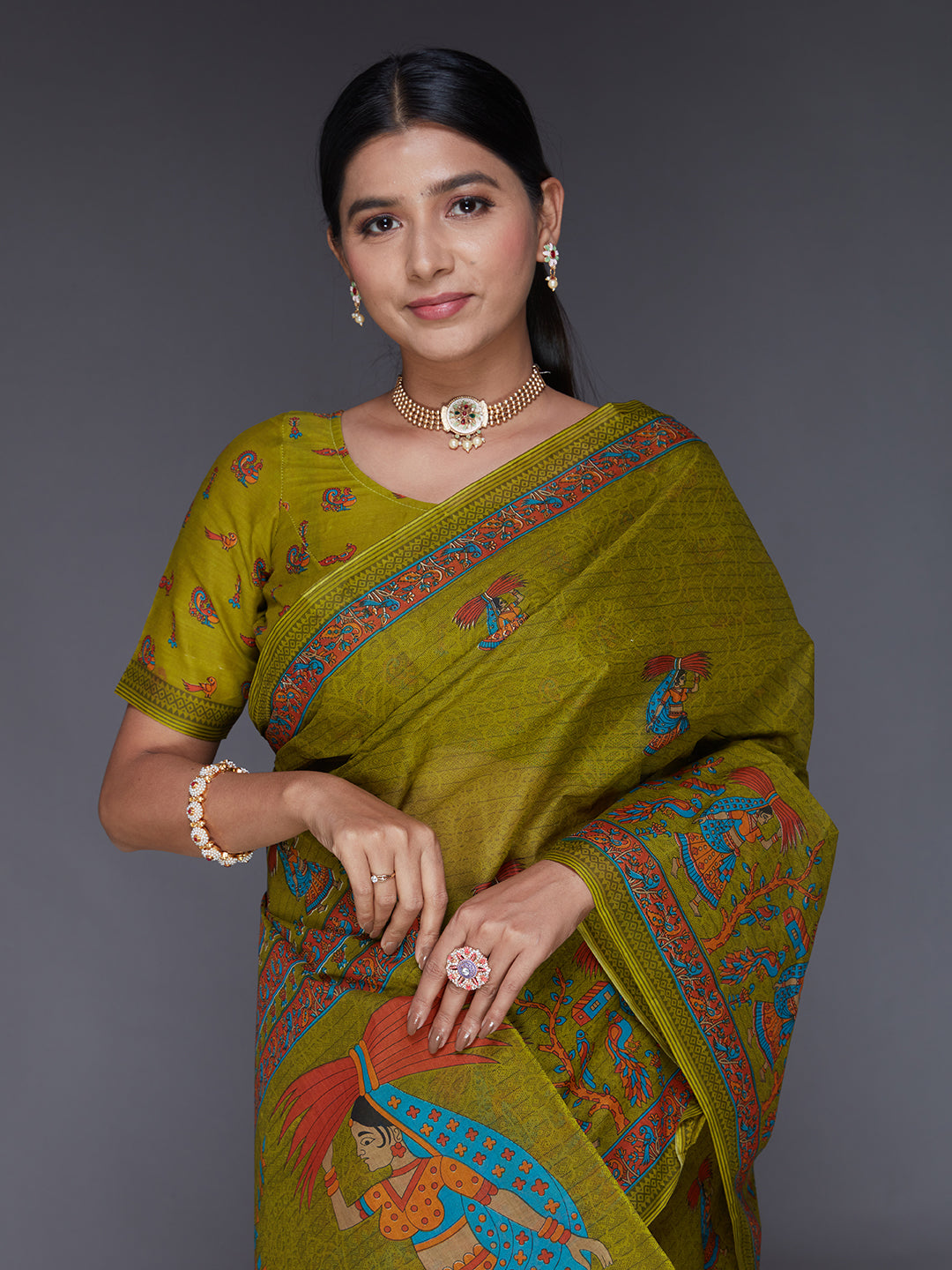 ROSHNI Olive Printed Pure Cotton Saree