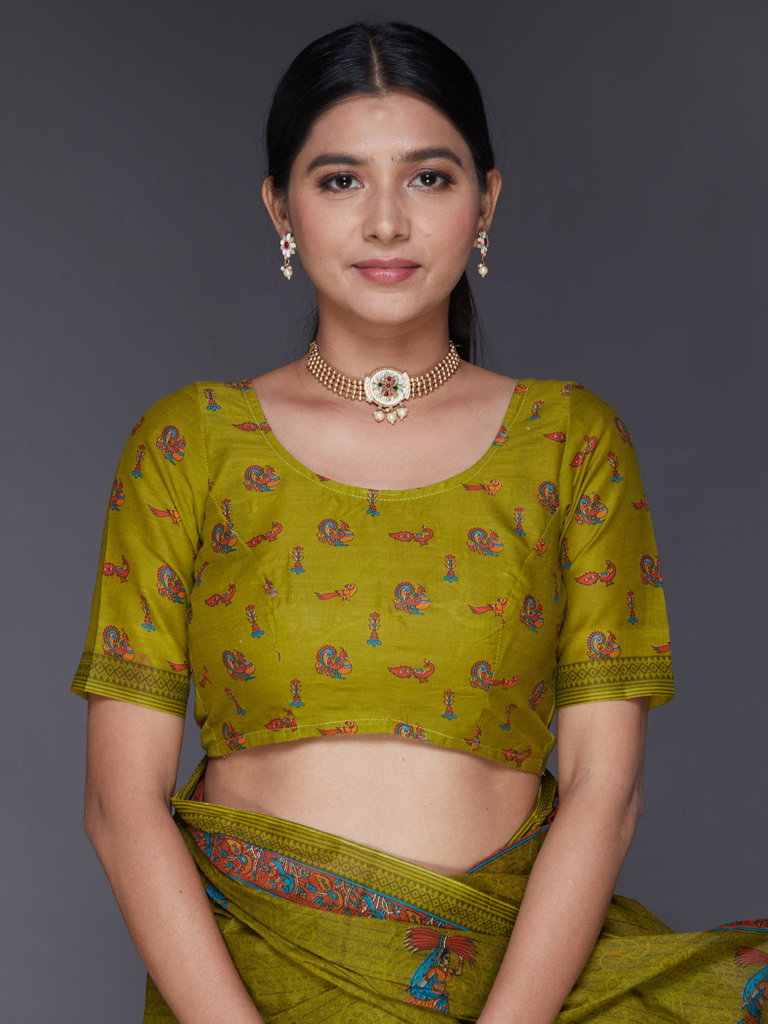 ROSHNI Olive Printed Pure Cotton Saree