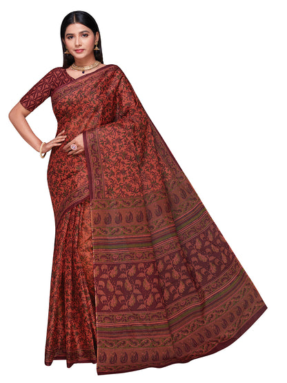 KALAMKARI Peach Printed Pure Cotton Saree