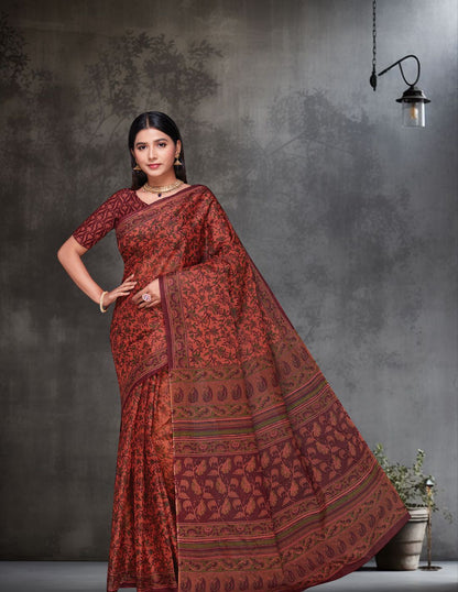 KALAMKARI Peach Printed Pure Cotton Saree