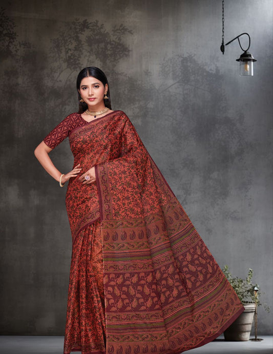 KALAMKARI Peach Printed Pure Cotton Saree