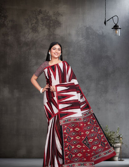 ODISHA COTTON Red Sambalpuri Printed Pure Cotton Saree