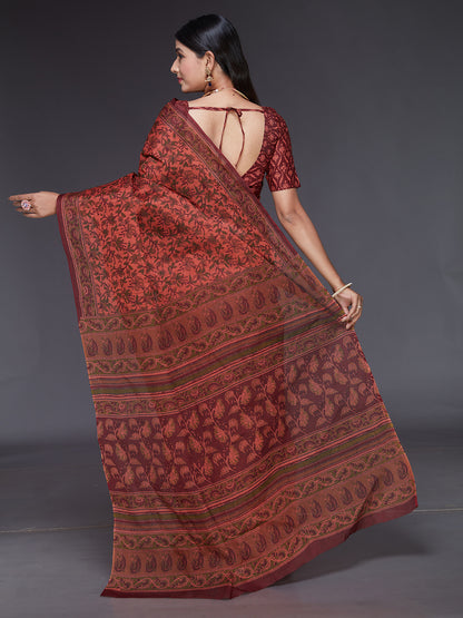 KALAMKARI Peach Printed Pure Cotton Saree