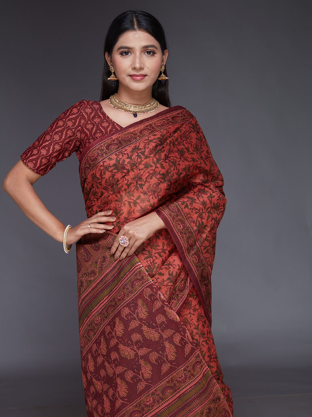 KALAMKARI Peach Printed Pure Cotton Saree