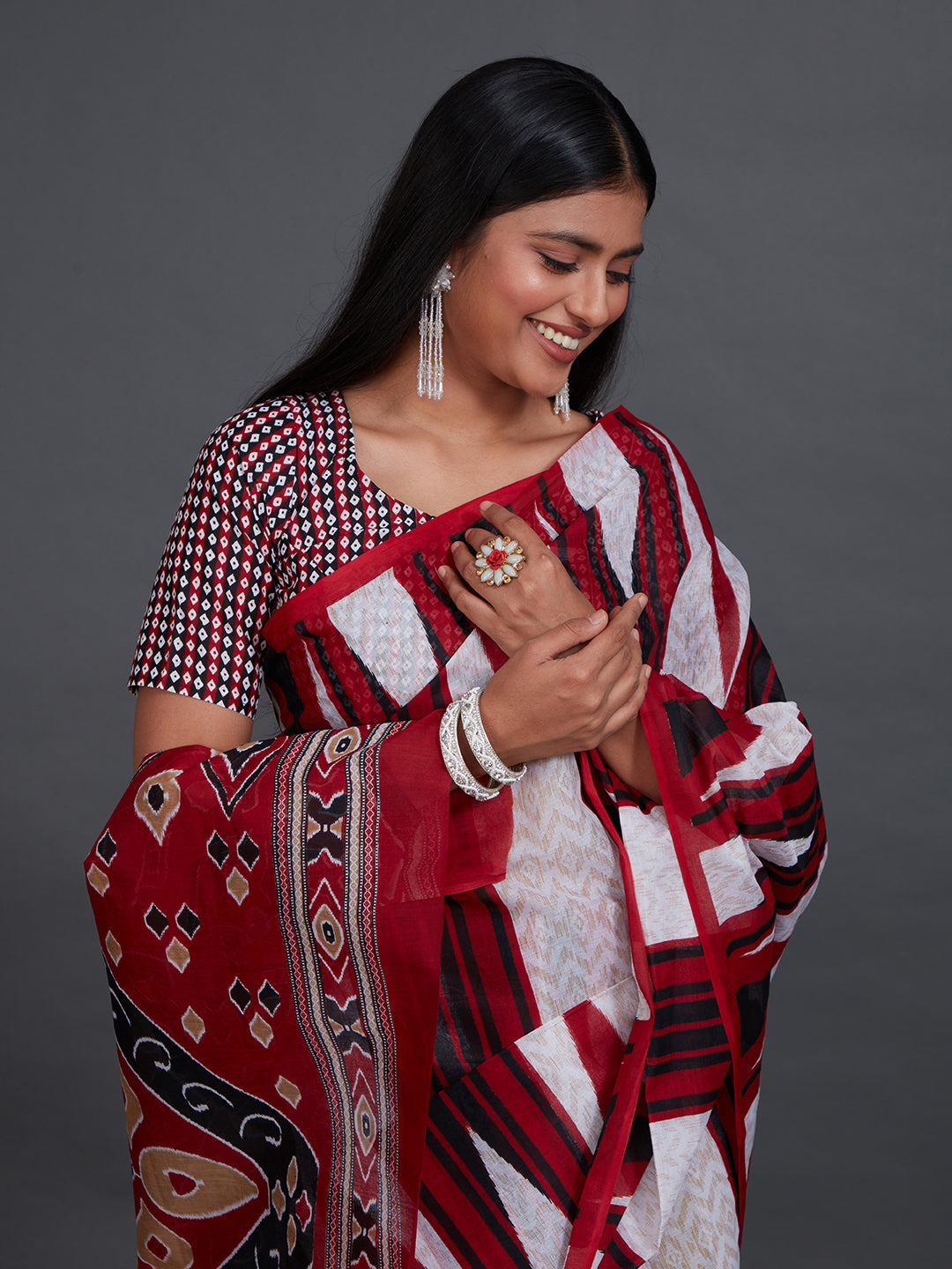 ODISHA COTTON Red Sambalpuri Printed Pure Cotton Saree