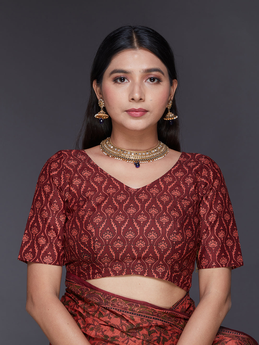 KALAMKARI Peach Printed Pure Cotton Saree