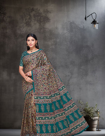 KALAMKARI Beige Printed Pure Cotton Saree
