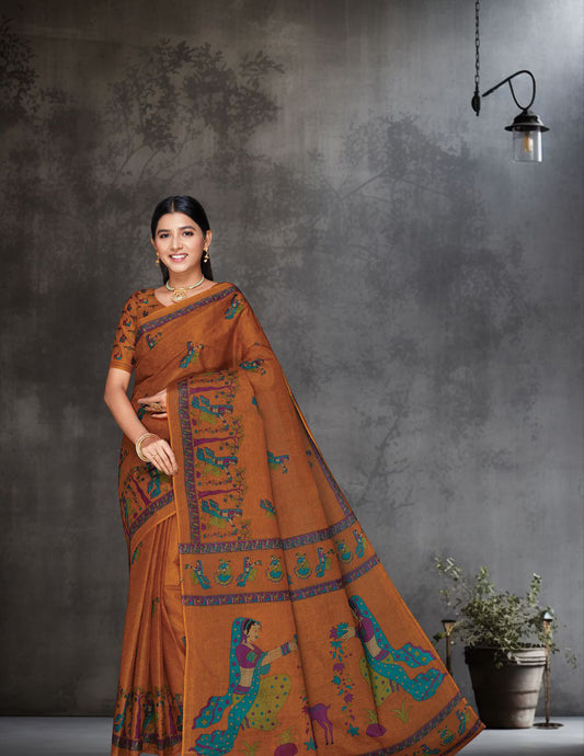 ROSHNI Rust Printed Pure Cotton Saree