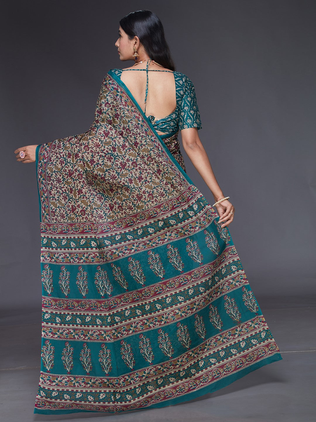 KALAMKARI Beige Printed Pure Cotton Saree