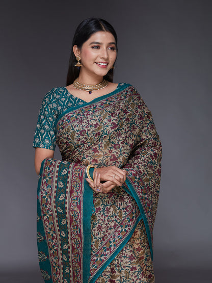 KALAMKARI Beige Printed Pure Cotton Saree
