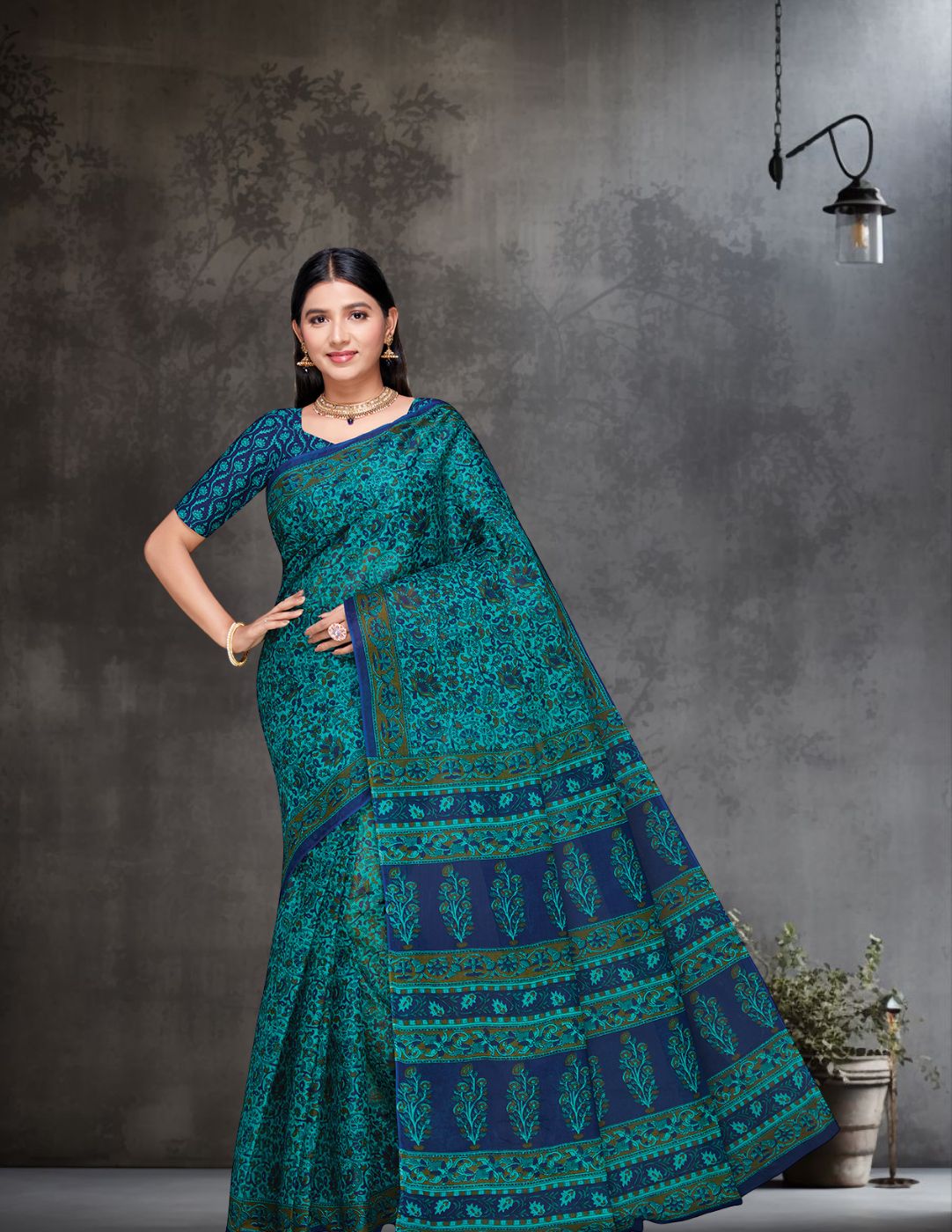 KALAMKARI Blue Printed Pure Cotton Saree
