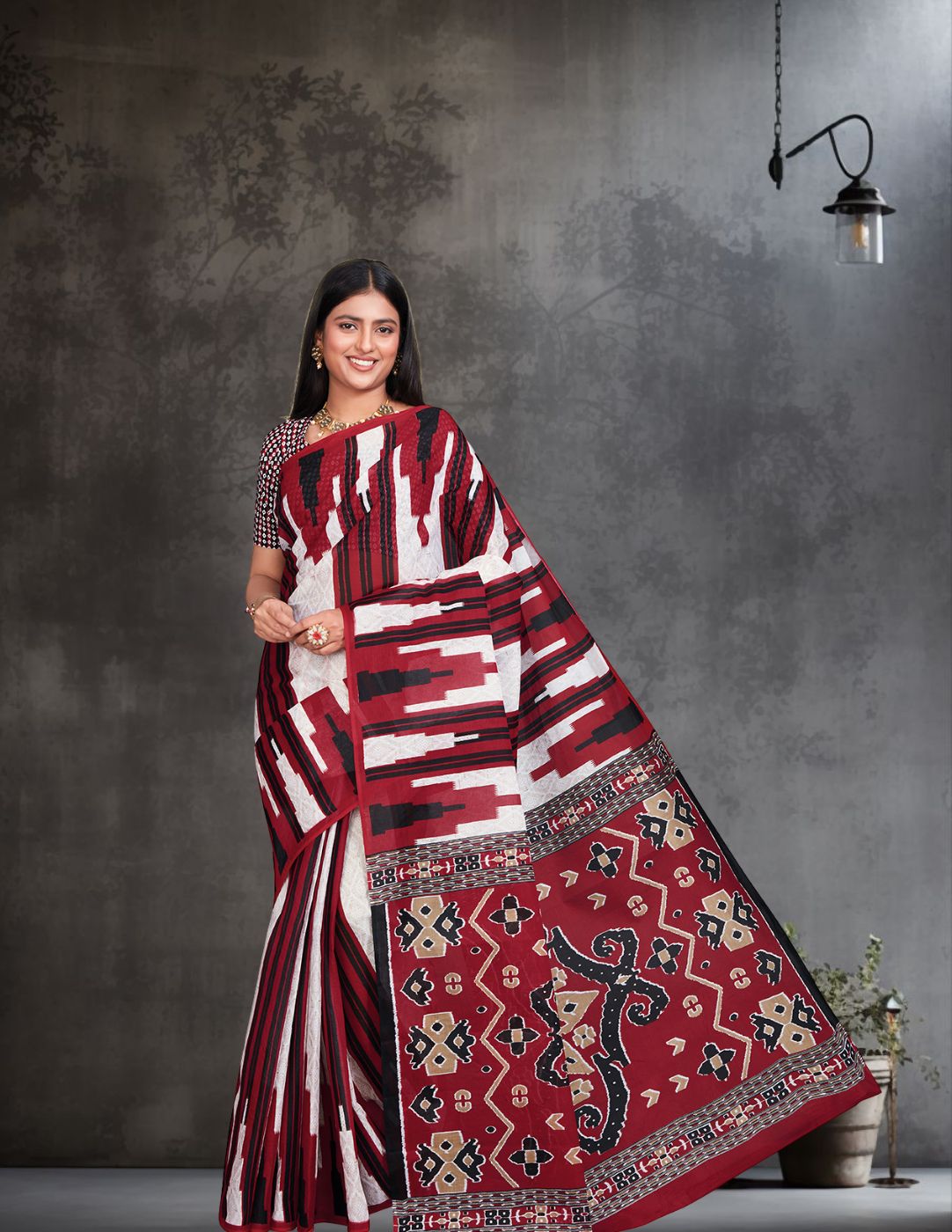 ODISHA COTTON Red Sambalpuri Printed Pure Cotton Saree
