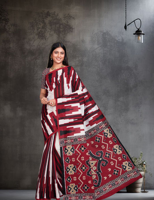 ODISHA COTTON Red Sambalpuri Printed Pure Cotton Saree