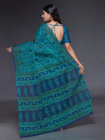 KALAMKARI Blue Printed Pure Cotton Saree