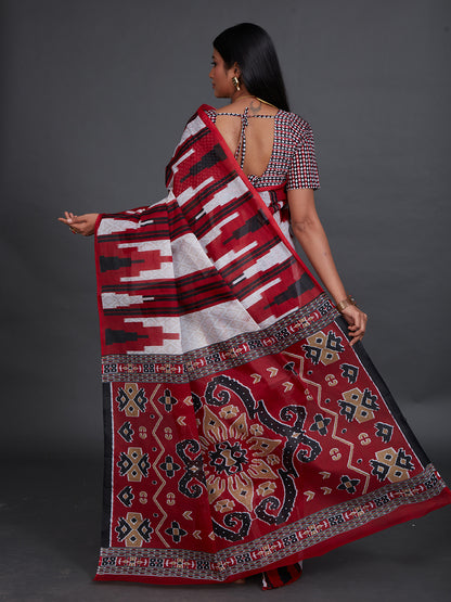ODISHA COTTON Red Sambalpuri Printed Pure Cotton Saree