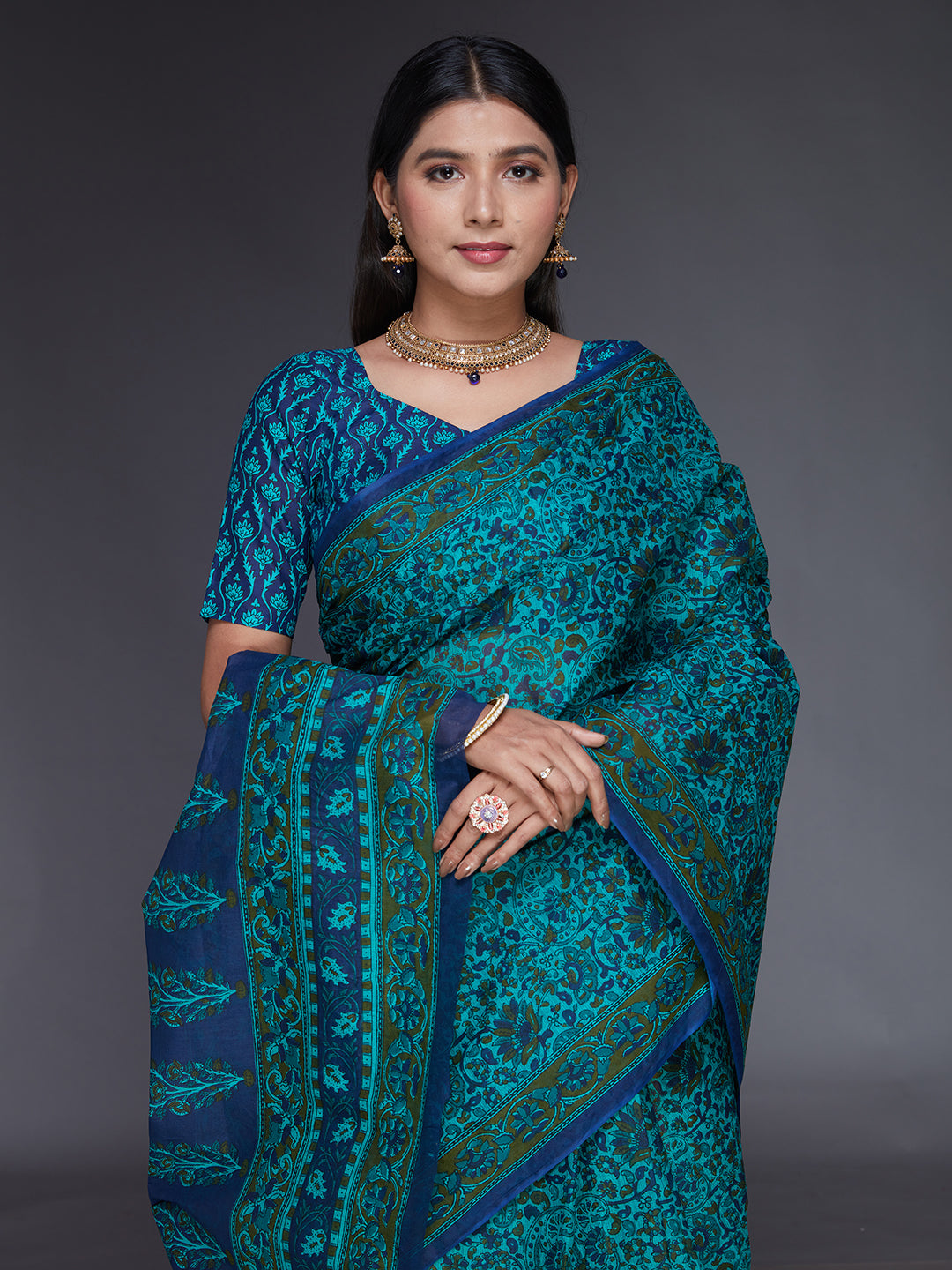 KALAMKARI Blue Printed Pure Cotton Saree