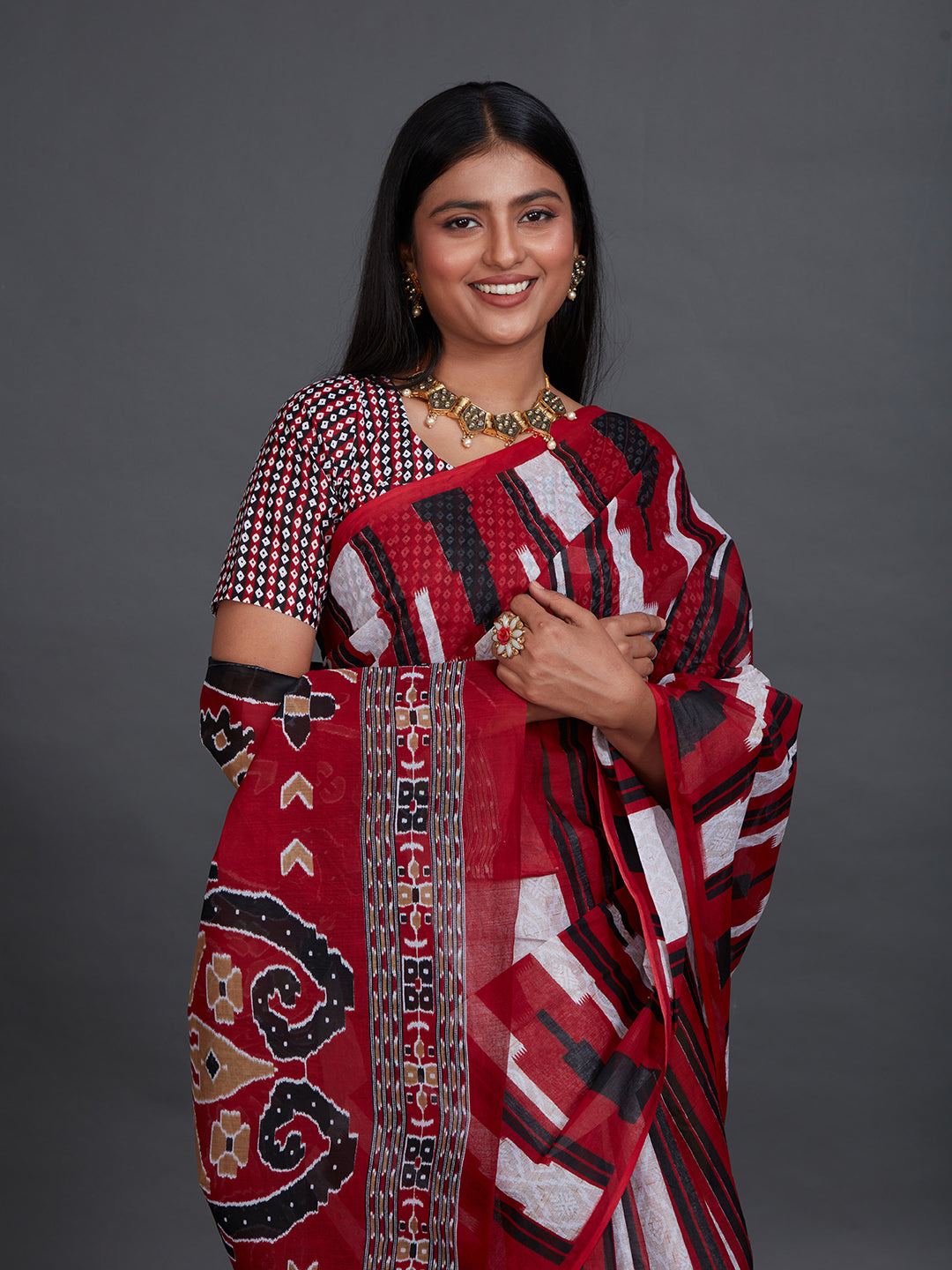 ODISHA COTTON Red Sambalpuri Printed Pure Cotton Saree