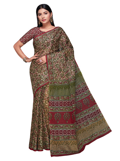 KALAMKARI Beige Printed Pure Cotton Saree