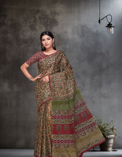 KALAMKARI Beige Printed Pure Cotton Saree