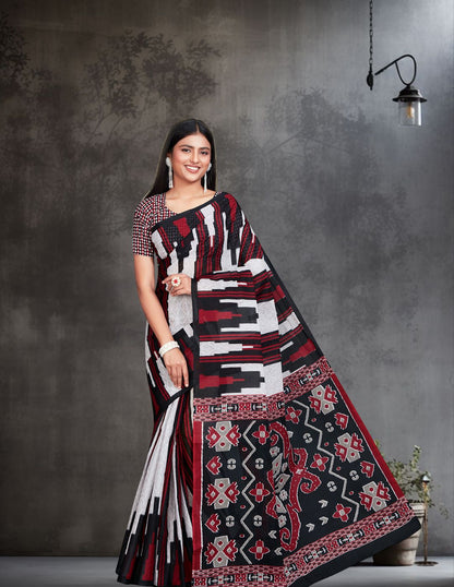 ODISHA COTTON Black Sambalpuri Printed Pure Cotton Saree
