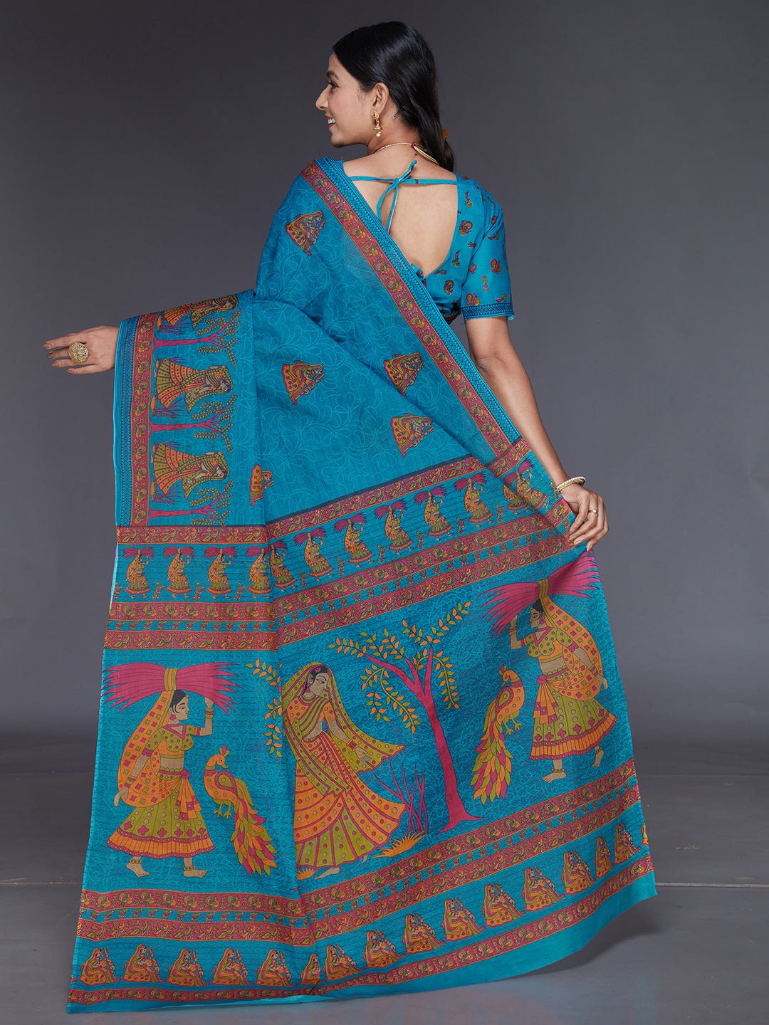 ROSHNI Blue Printed Pure Cotton Saree