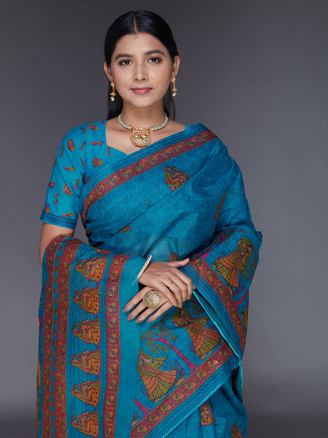ROSHNI Blue Printed Pure Cotton Saree
