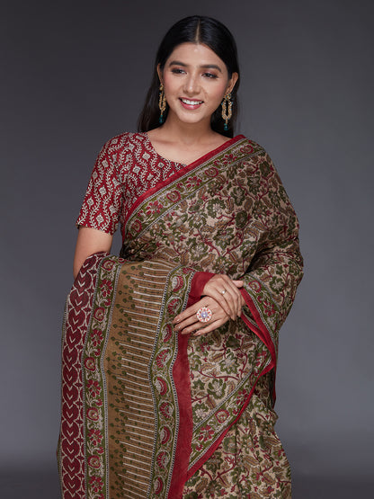KALAMKARI Beige Printed Pure Cotton Saree