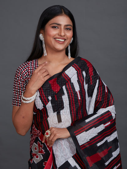 ODISHA COTTON Black Sambalpuri Printed Pure Cotton Saree