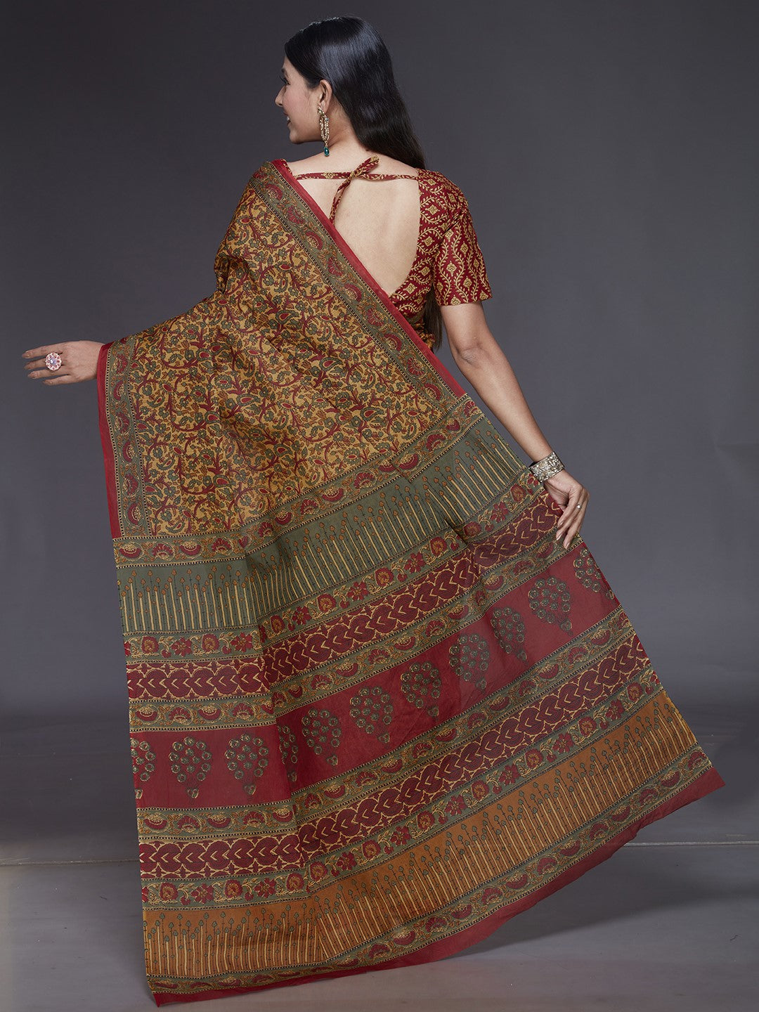 KALAMKARI Yellow Printed Pure Cotton Saree