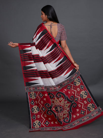 ODISHA COTTON Red Sambalpuri Pure Cotton Saree