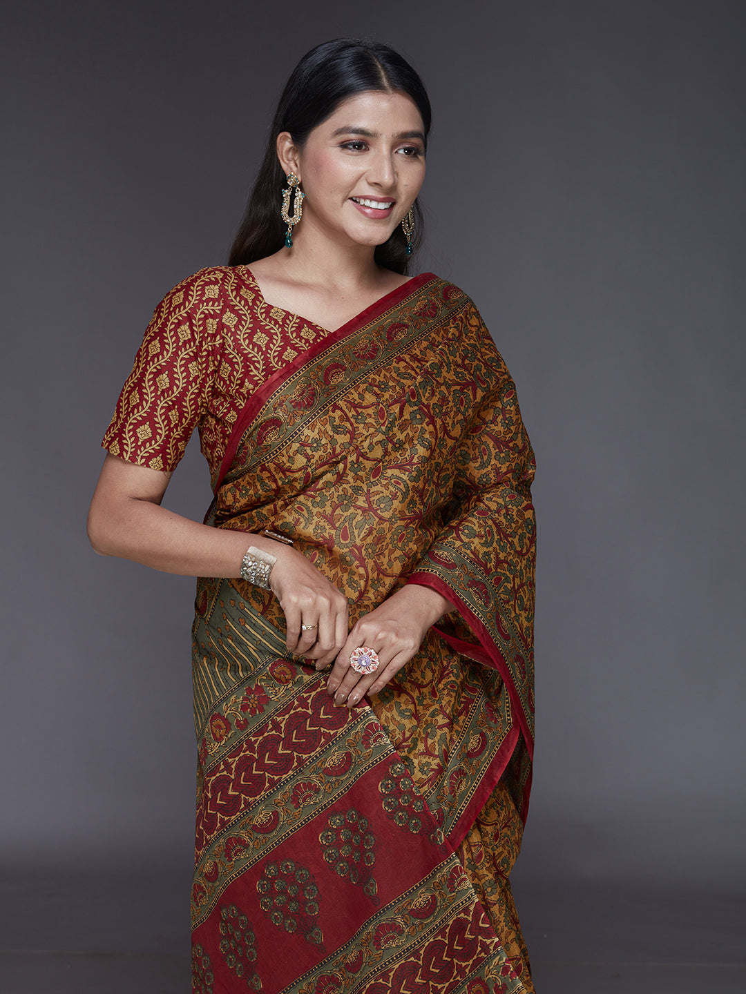 KALAMKARI Yellow Printed Pure Cotton Saree