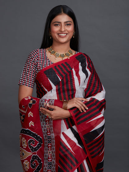 ODISHA COTTON Red Sambalpuri Pure Cotton Saree