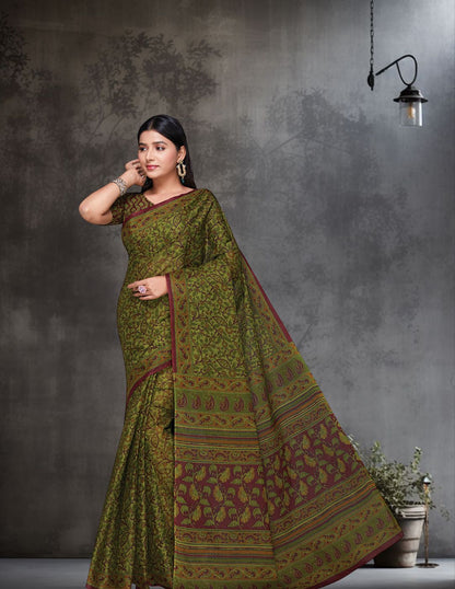 KALAMKARI Green Printed Pure Cotton Saree