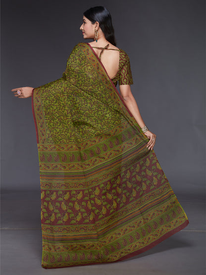 KALAMKARI Green Printed Pure Cotton Saree