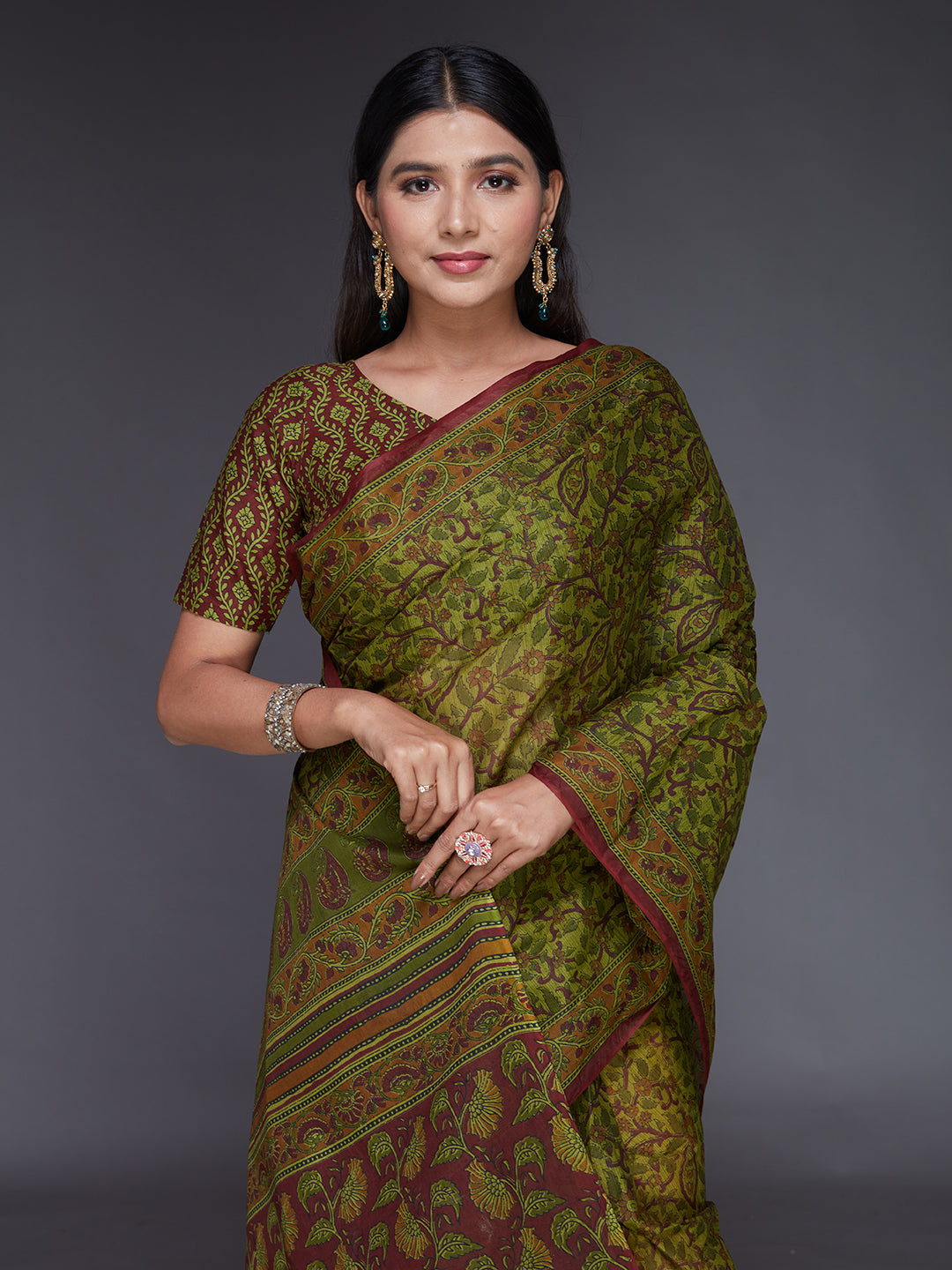 KALAMKARI Green Printed Pure Cotton Saree