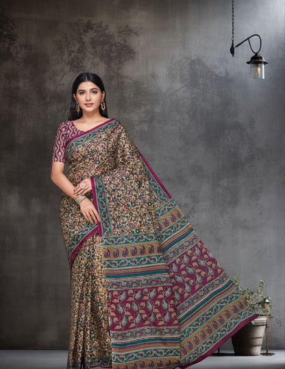 KALAMKARI Beige Printed Pure Cotton Saree
