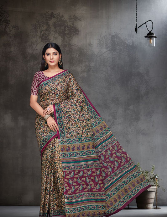 KALAMKARI Beige Printed Pure Cotton Saree